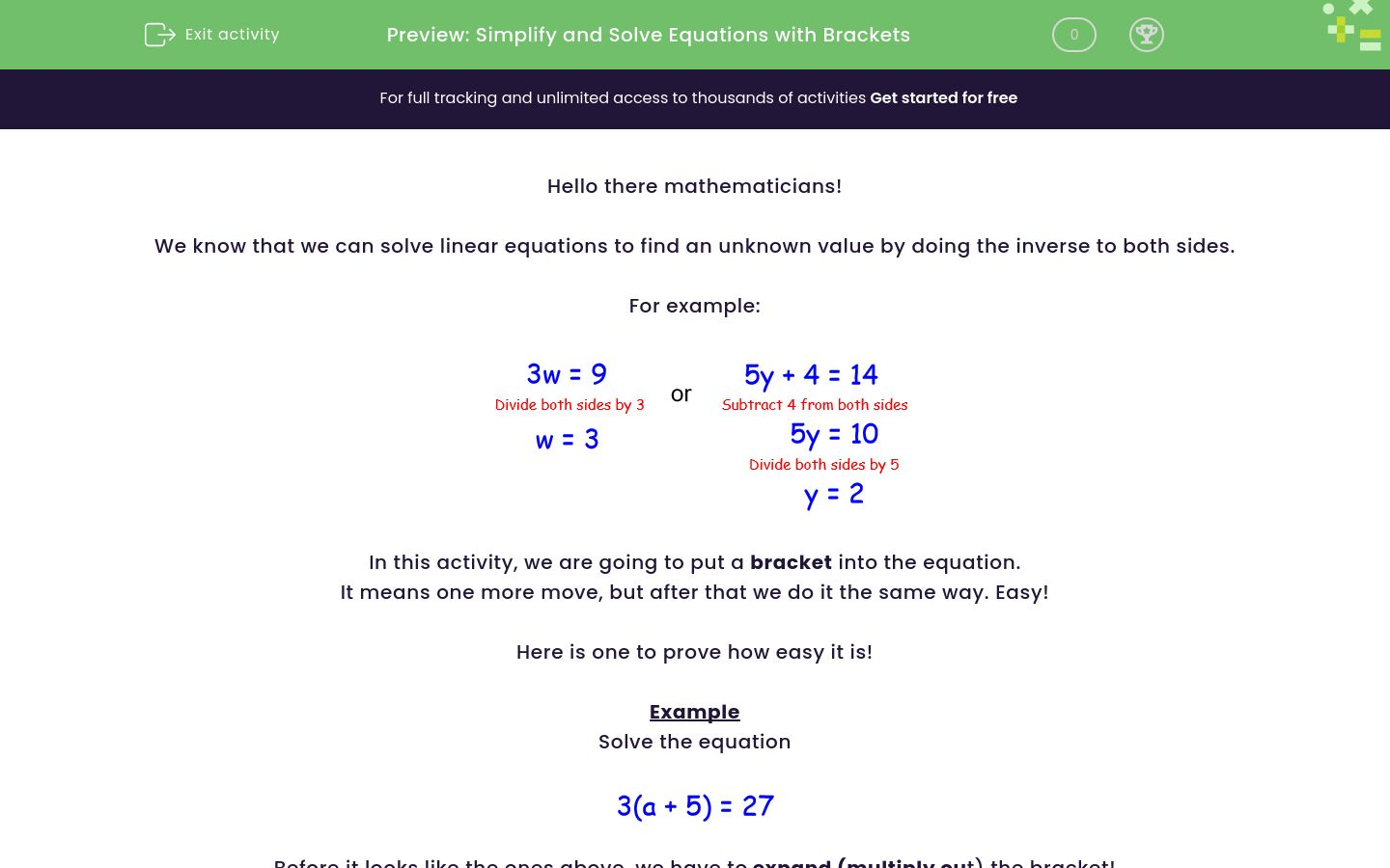 Simplify and Solve Equations with Brackets Worksheet - EdPlace