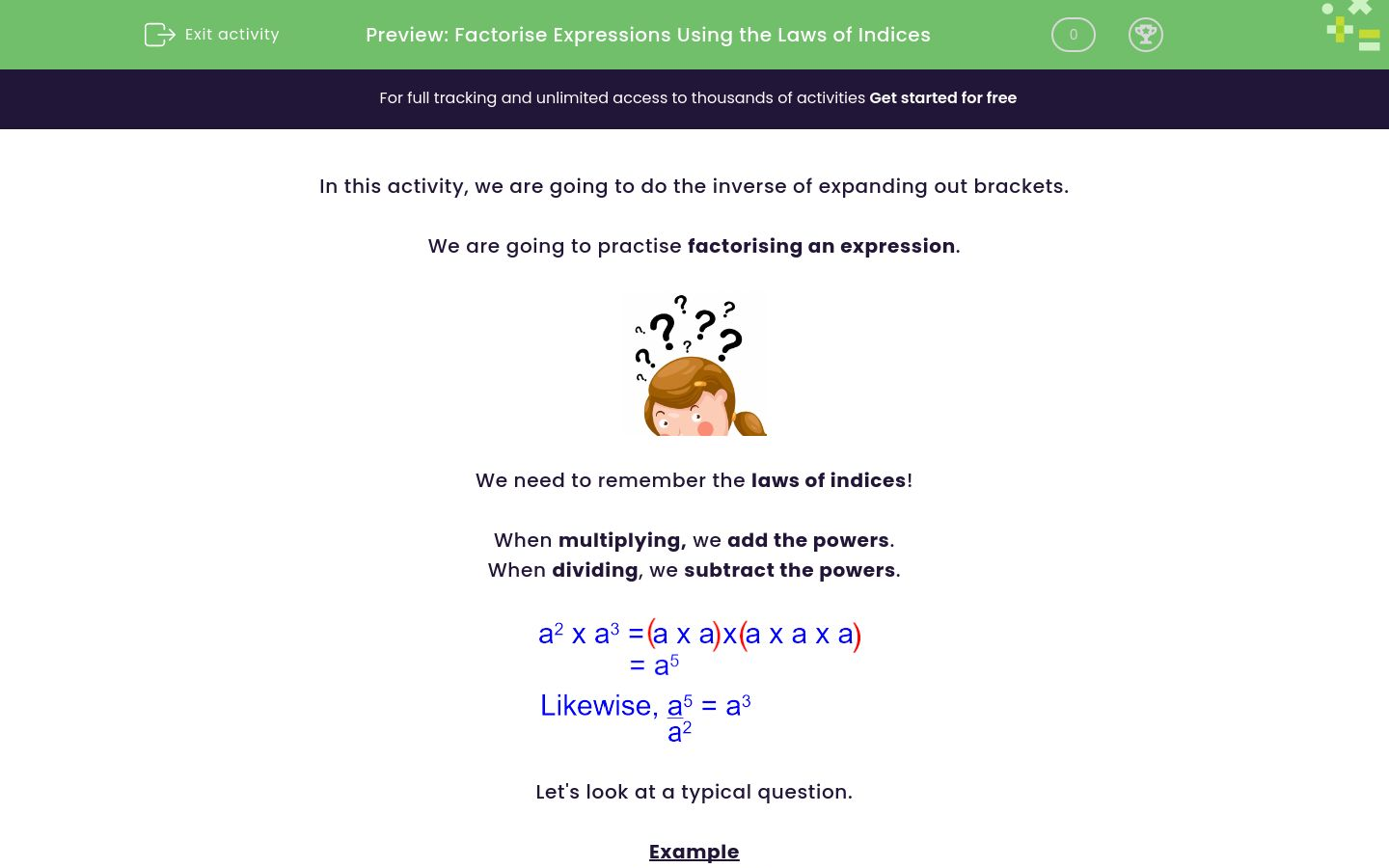 Factorise Expressions Using the Laws of Indices Worksheet EdPlace