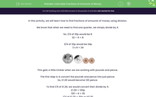 'Calculate Fractions of Amounts of Money' worksheet