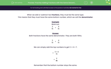 'Practise Adding Fractions with the Same Denominator' worksheet