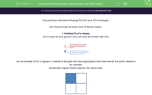 'Find One Quarter, Two Quarters and Three Quarters of Shapes' worksheet