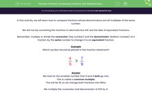 'Practise Comparing Fractions with Related Denominators' worksheet