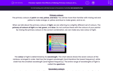 'Explain the Effects of Mixing Primary Colours of Light' worksheet