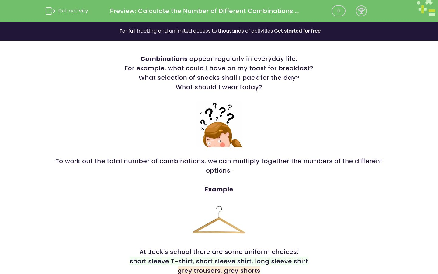 Calculate the Number of Different Combinations of Outfits Worksheet