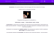 'Describe Combustion Reactions' worksheet