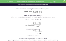 'Find the Exact Solution of Two Simultaneous Linear Equations' worksheet